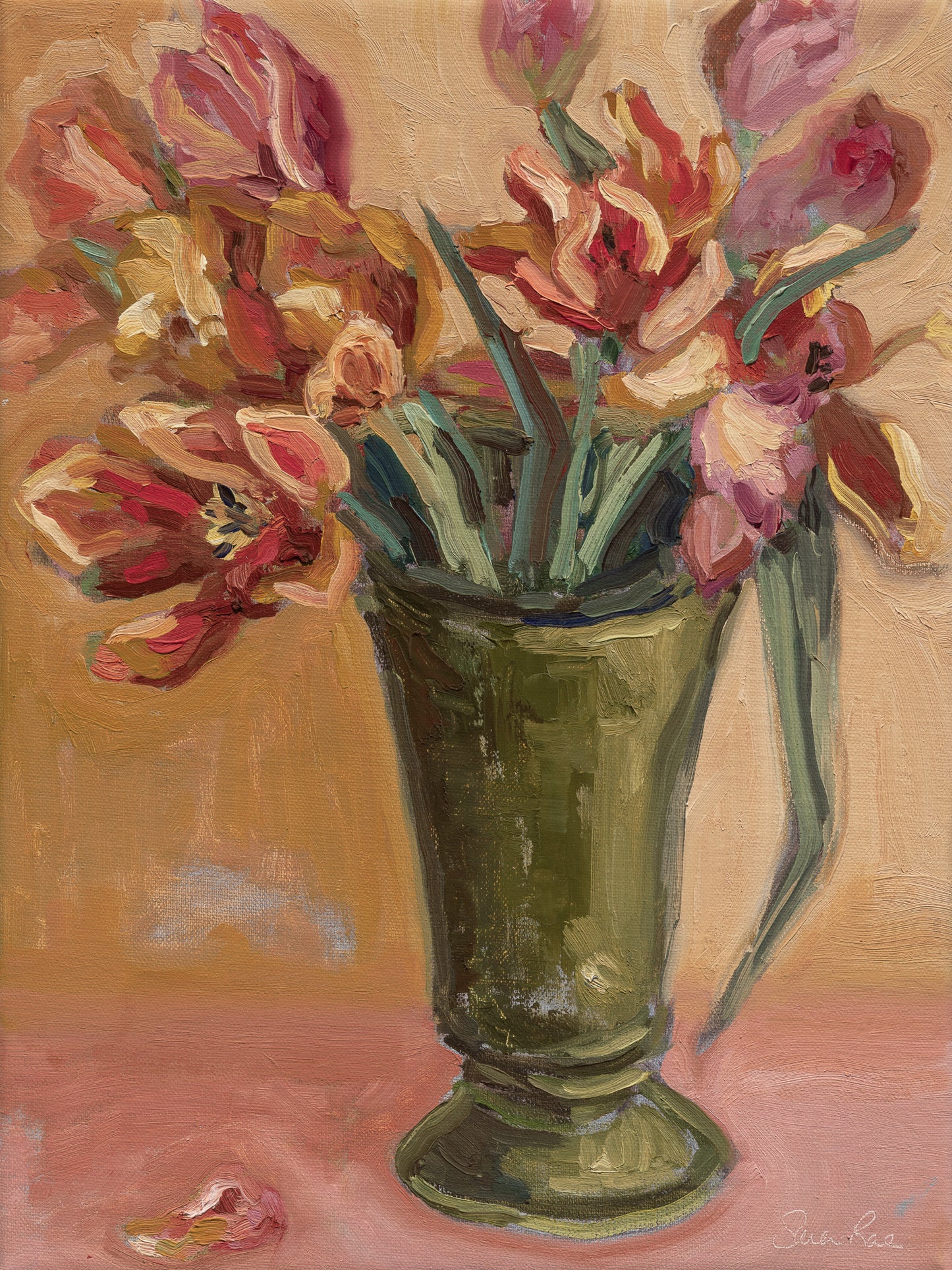 Faded Tulips in a Green Vase |2025| Oil on linen