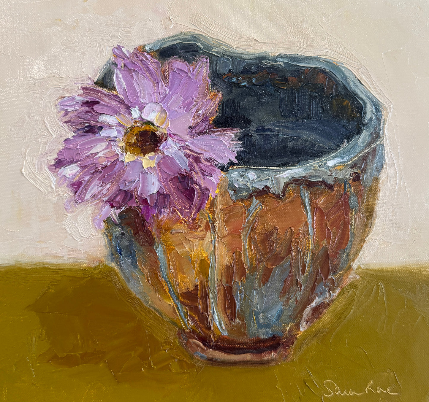 Flowers in Glazed Pottery Bowl |2025| Oil on linen cradled panel