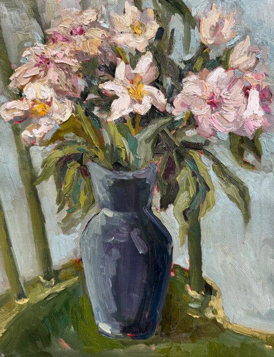 Peonies and Green Chair |2025| oil on linen