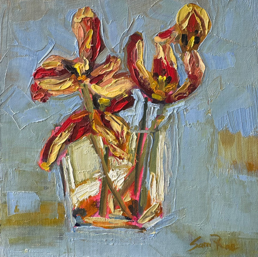 Tulips in Primary |2025| Oil on linen, cradled board