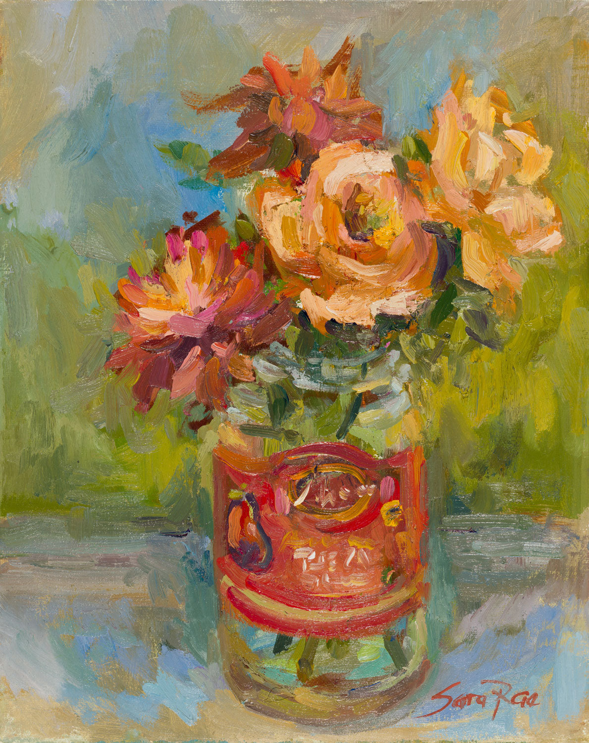 Roses and Dahlias in Pasta Jar