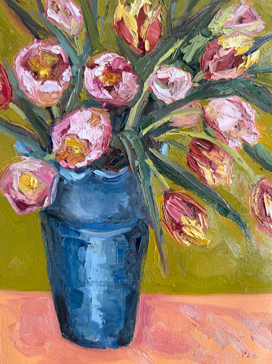 Tulips In Blue Ruffled Planter |2025| Oil on canvas